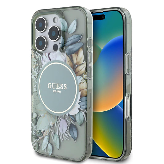 Capa MagSafe para Apple iPhone 16 Pro, Guess, IML Flower & Tonal Circle, Verde