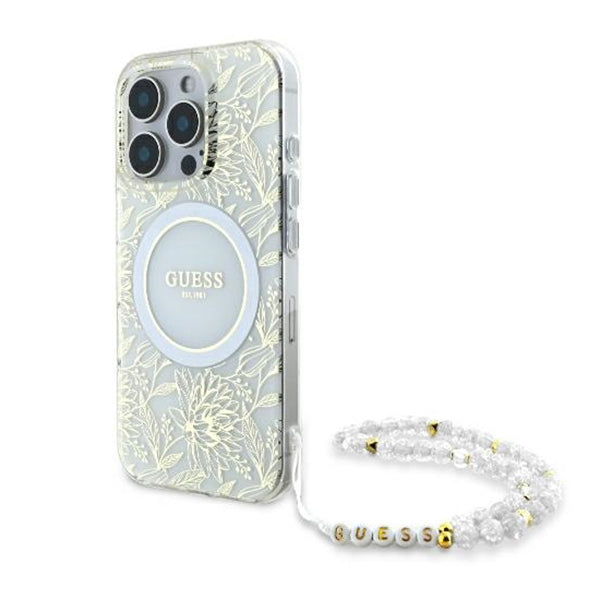 Capa MagSafe para Apple iPhone 16 Pro, Guess, IML Flowers Allover Electroplated with Pearl Strap, Branca