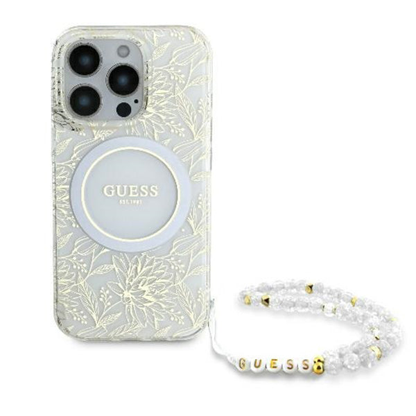 Capa MagSafe para Apple iPhone 16 Pro, Guess, IML Flowers Allover Electroplated with Pearl Strap, Branca