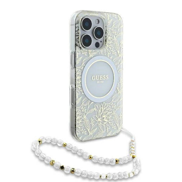 Capa MagSafe para Apple iPhone 16 Pro, Guess, IML Flowers Allover Electroplated with Pearl Strap, Branca