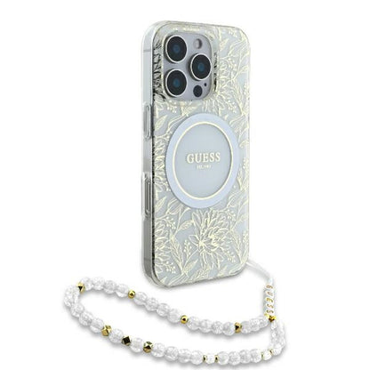 Capa MagSafe para Apple iPhone 16 Pro, Guess, IML Flowers Allover Electroplated with Pearl Strap, Branca