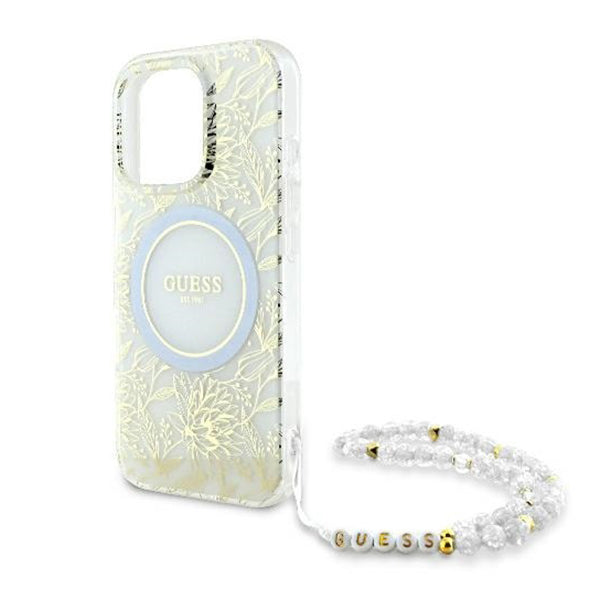 Capa MagSafe para Apple iPhone 16 Pro, Guess, IML Flowers Allover Electroplated with Pearl Strap, Branca