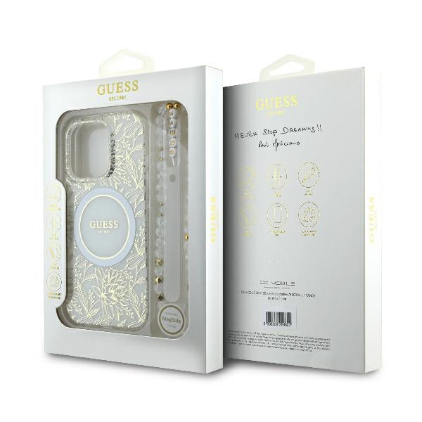 Capa MagSafe para Apple iPhone 16 Pro, Guess, IML Flowers Allover Electroplated with Pearl Strap, Branca