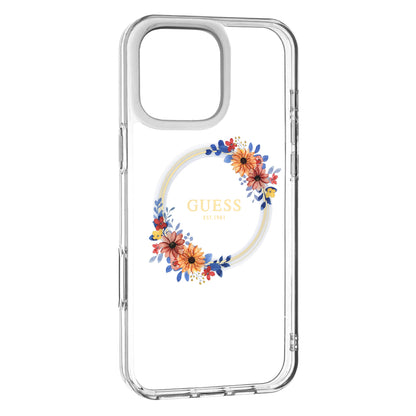 Capa MagSafe para Apple iPhone 16 Pro, Guess, IML Flowers Wreath, Transparente
