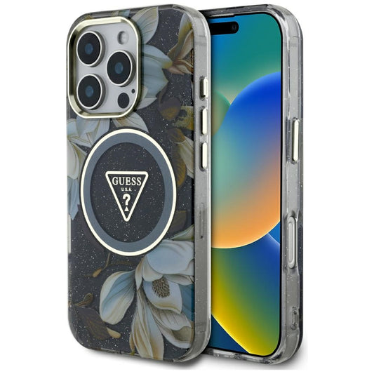 Capa MagSafe para Apple iPhone 16 Pro, Guess, IML Metal Glitter Flowers Triangle, Preta