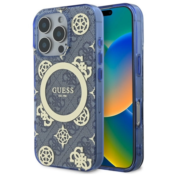 Capa MagSafe para Apple iPhone 16 Pro, Guess, IML Peony On 4G Background, Azul