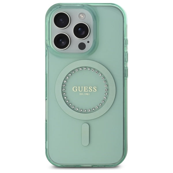Capa MagSafe para Apple iPhone 16 Pro, Guess, IML Rhinestone, Verde