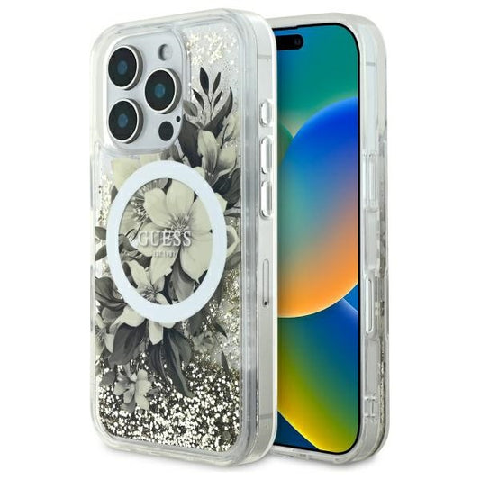 Capa MagSafe para Apple iPhone 16 Pro, Guess, Liquid Glitter Flower, Bege