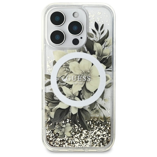 Capa MagSafe para Apple iPhone 16 Pro, Guess, Liquid Glitter Flower, Bege
