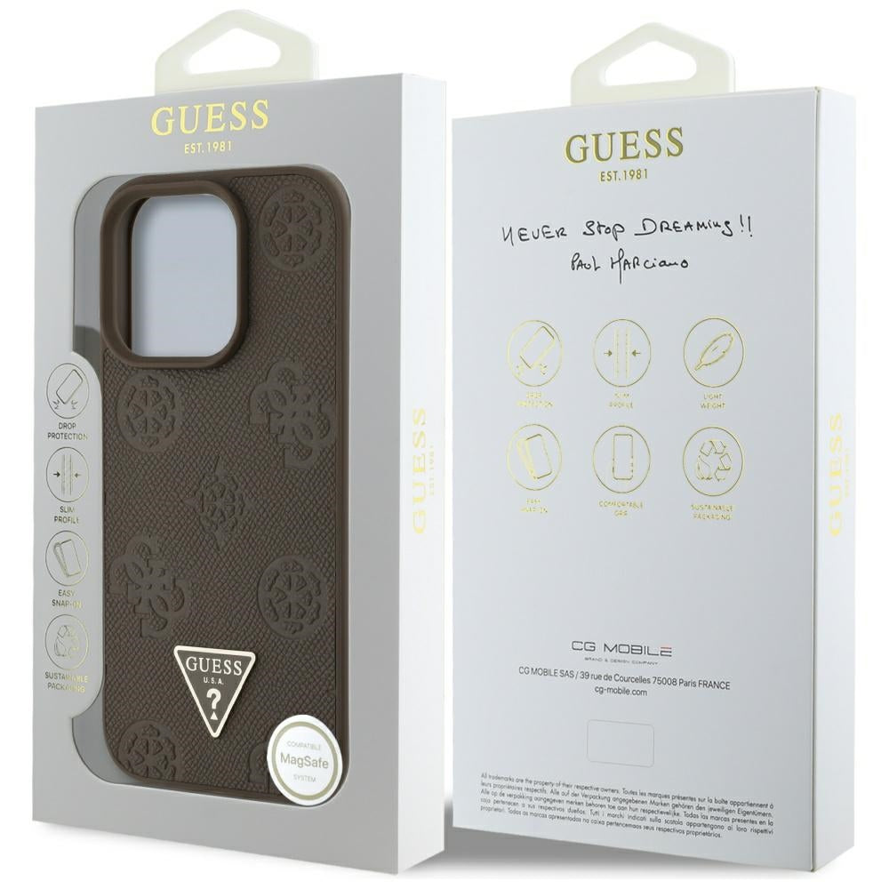 Capa MagSafe para Apple iPhone 16 Pro, Guess, Peony Grained Hot Stamp Triangle, Marrom
