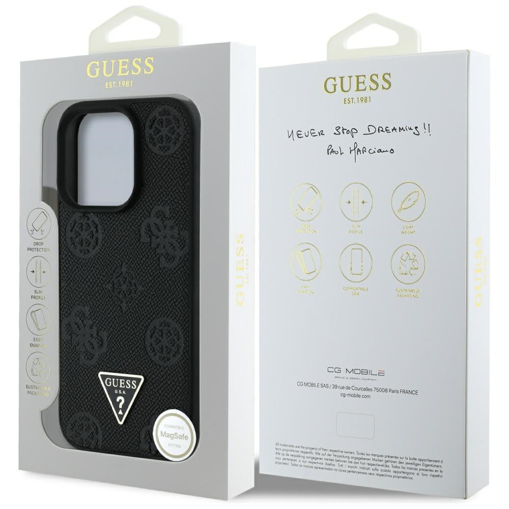 Capa MagSafe para Apple iPhone 16 Pro, Guess, Peony Grained Hot Stamp Triangle, Preta