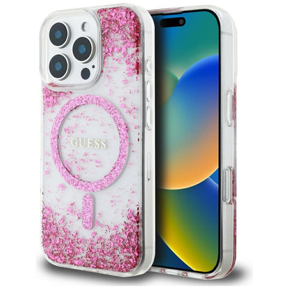 Capa MagSafe para Apple iPhone 16 Pro, Guess, Resin Bottom Glitter, Rosa