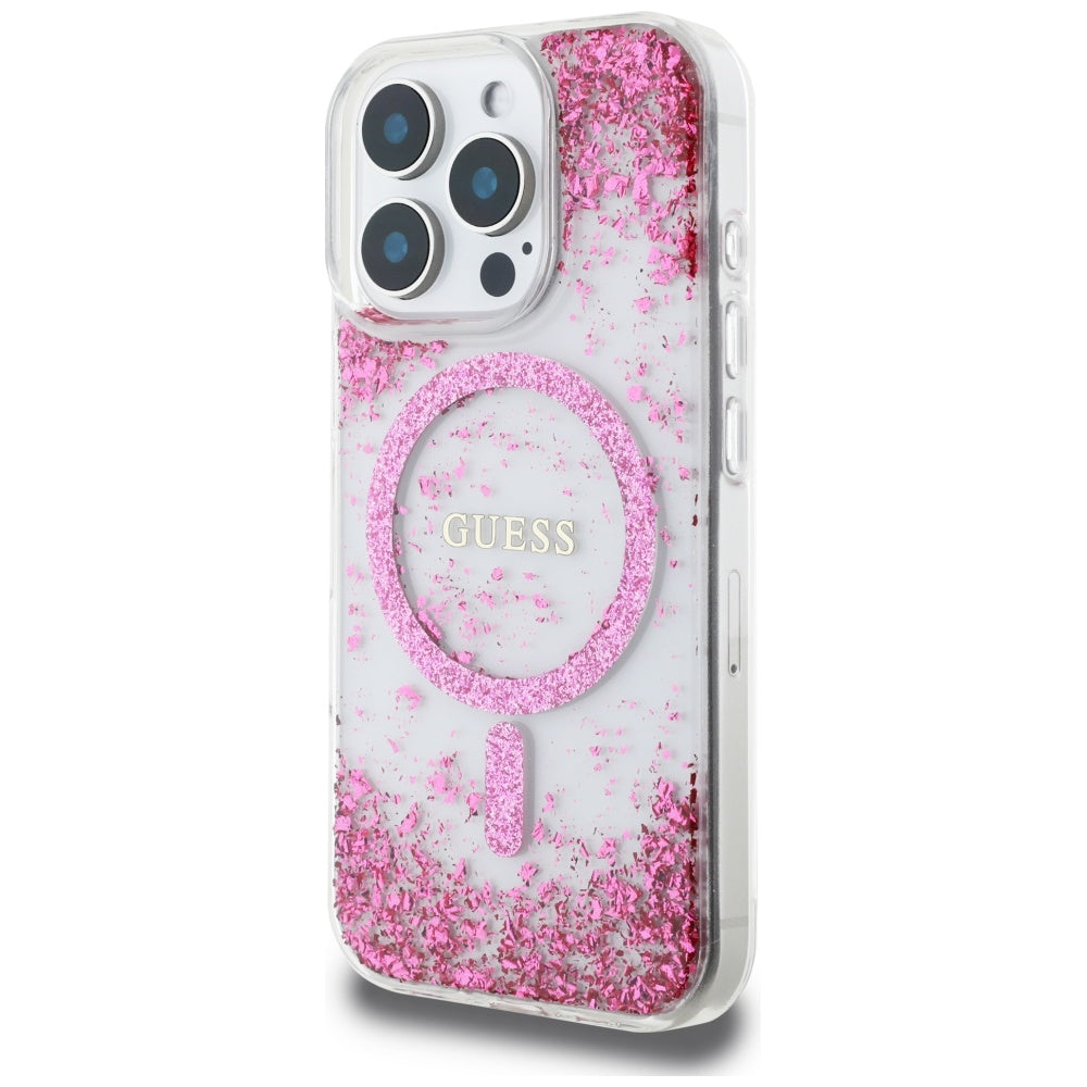 Capa MagSafe para Apple iPhone 16 Pro, Guess, Resin Bottom Glitter, Rosa