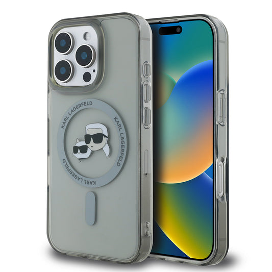 Capa MagSafe para Apple iPhone 16 Pro, Karl Lagerfeld, IML Metal Karl & Choupette's Heads, Preta