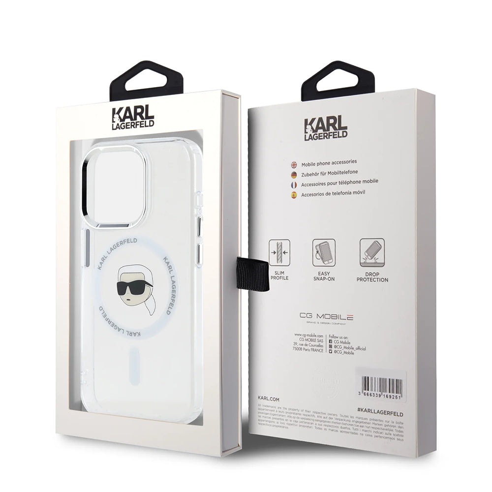 Capa MagSafe para Apple iPhone 16 Pro, Karl Lagerfeld, IML Metal Karl's Head, Branca