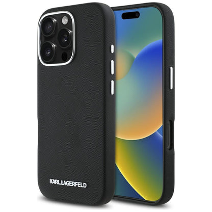 Capa MagSafe para Apple iPhone 16 Pro, Karl Lagerfeld, Saffiano Full Wrapped Elongated Metal Logo, Preta