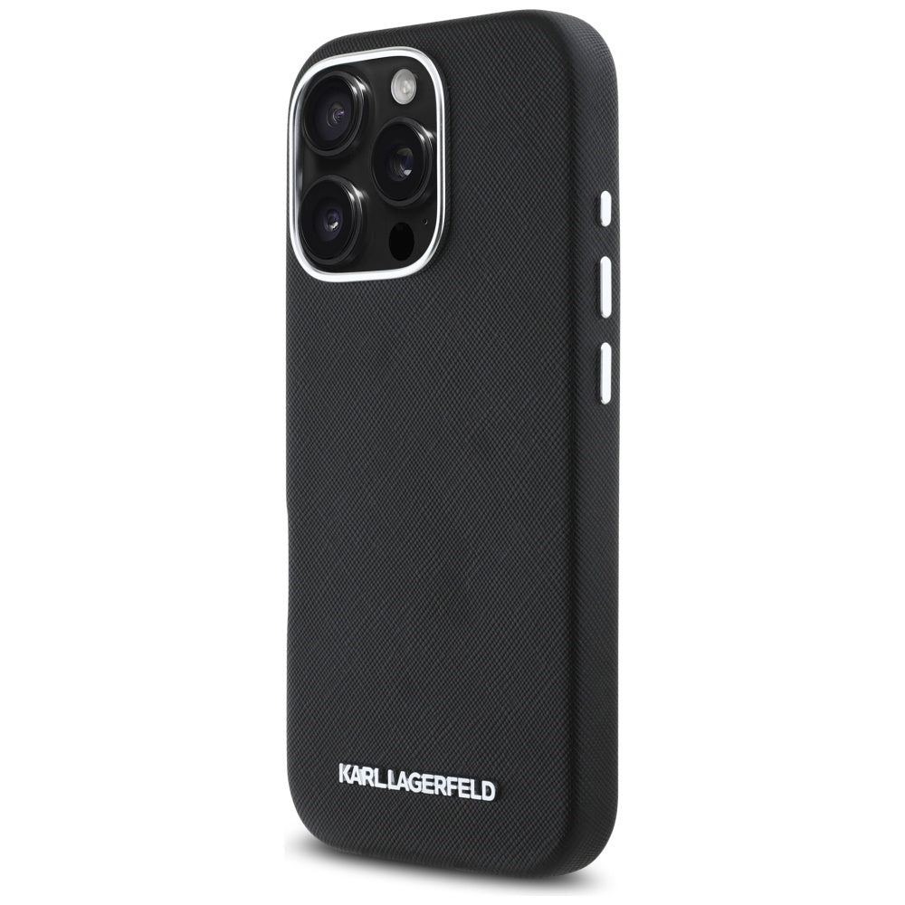 Capa MagSafe para Apple iPhone 16 Pro, Karl Lagerfeld, Saffiano Full Wrapped Elongated Metal Logo, Preta