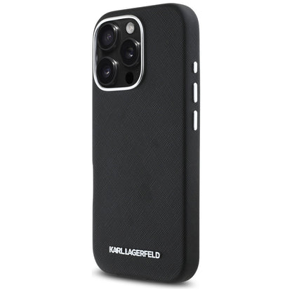 Capa MagSafe para Apple iPhone 16 Pro, Karl Lagerfeld, Saffiano Full Wrapped Elongated Metal Logo, Preta