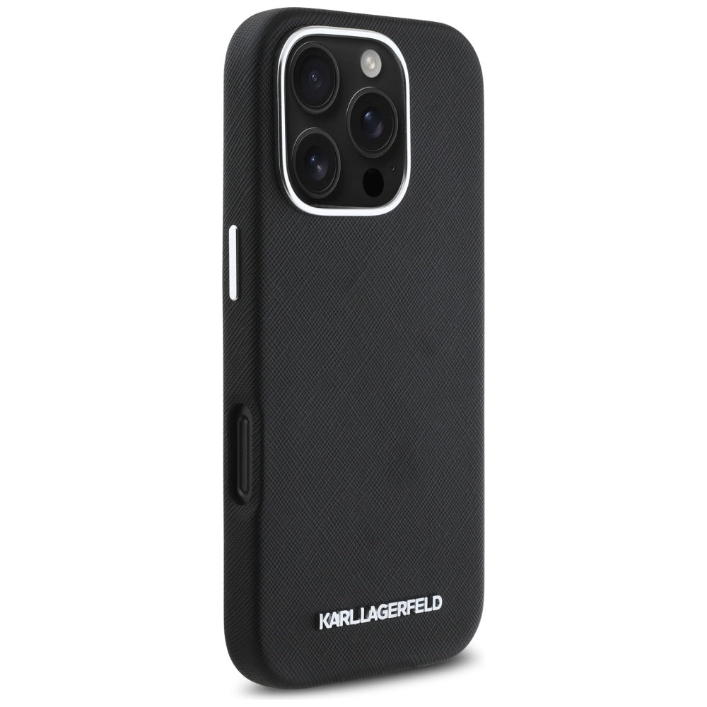 Capa MagSafe para Apple iPhone 16 Pro, Karl Lagerfeld, Saffiano Full Wrapped Elongated Metal Logo, Preta