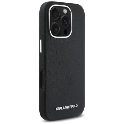 Capa MagSafe para Apple iPhone 16 Pro, Karl Lagerfeld, Saffiano Full Wrapped Elongated Metal Logo, Preta