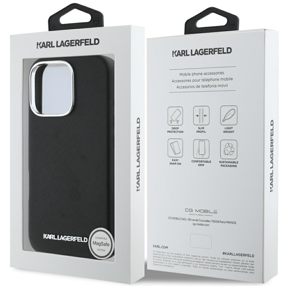 Capa MagSafe para Apple iPhone 16 Pro, Karl Lagerfeld, Saffiano Full Wrapped Elongated Metal Logo, Preta