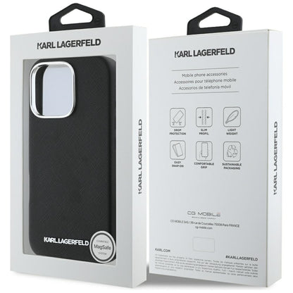 Capa MagSafe para Apple iPhone 16 Pro, Karl Lagerfeld, Saffiano Full Wrapped Elongated Metal Logo, Preta