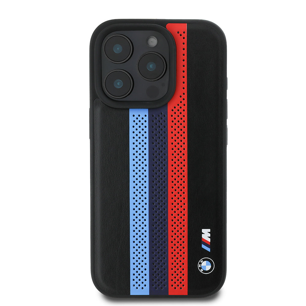 Capa MagSafe para Apple iPhone 16 Pro Max, BMW, Perforated M Perf. Tricolor Stripers, Preta