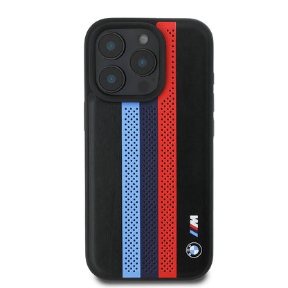Capa MagSafe para Apple iPhone 16 Pro Max, BMW, Perforated M Perf. Tricolor Stripers, Preta