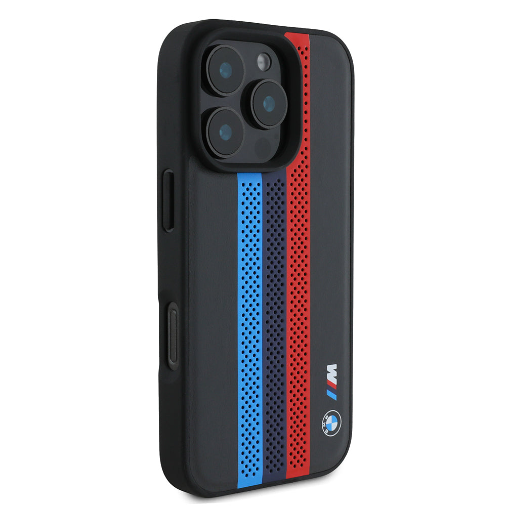 Capa MagSafe para Apple iPhone 16 Pro Max, BMW, Perforated M Perf. Tricolor Stripers, Preta
