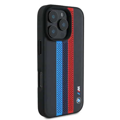 Capa MagSafe para Apple iPhone 16 Pro Max, BMW, Perforated M Perf. Tricolor Stripers, Preta