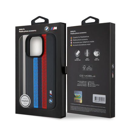 Capa MagSafe para Apple iPhone 16 Pro Max, BMW, Perforated M Perf. Tricolor Stripers, Preta