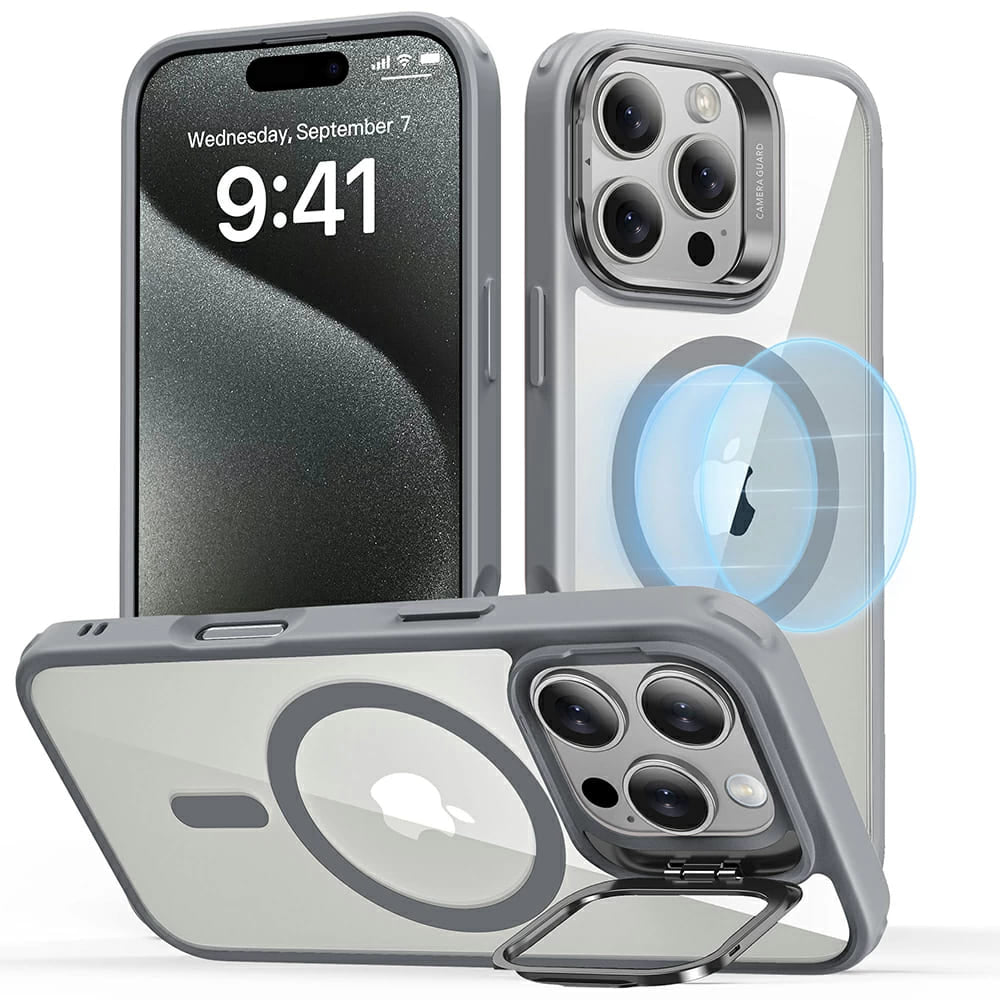 Capa MagSafe para Apple iPhone 16 Pro Max, ESR, Classic Hybrid Kickstand, Cinza Transparente
