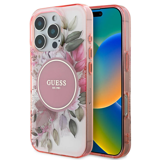 Capa MagSafe para Apple iPhone 16 Pro Max, Guess, IML Flower & Tonal Circle, Rosa