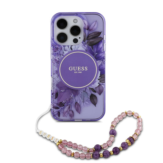 Capa MagSafe para Apple iPhone 16 Pro Max, Guess, IML Flowers with Pearl Strap, Roxo
