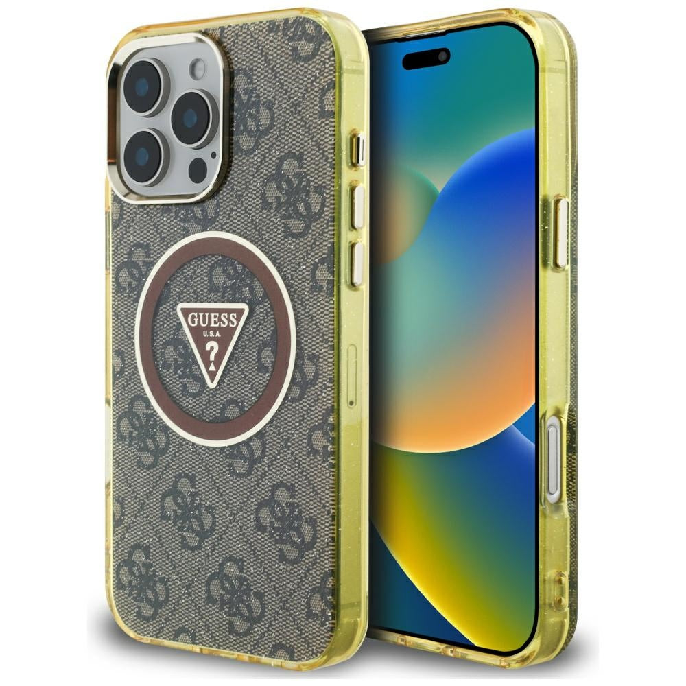 Capa MagSafe para Apple iPhone 16 Pro Max, Guess, IML Glitter 4G Circle Triangle, Marrom