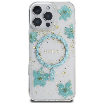 Capa MagSafe para Apple iPhone 16 Pro Max, Guess, Resin Flowers and Glitter, Turquesa