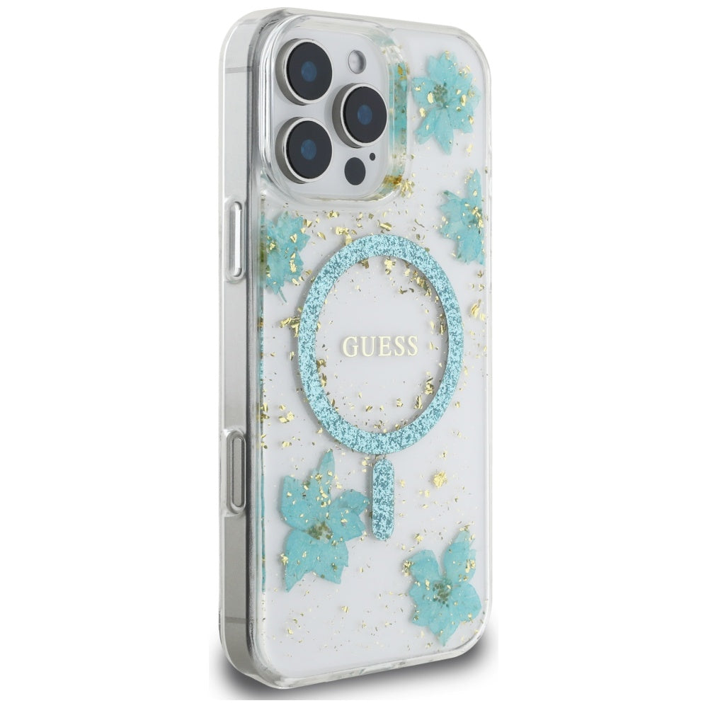 Capa MagSafe para Apple iPhone 16 Pro Max, Guess, Resin Flowers and Glitter, Turquesa