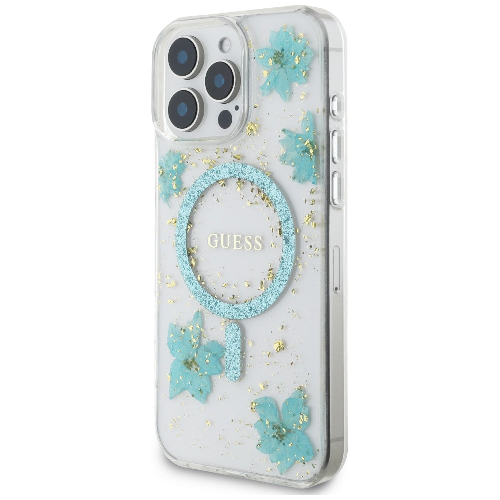 Capa MagSafe para Apple iPhone 16 Pro Max, Guess, Resin Flowers and Glitter, Turquesa