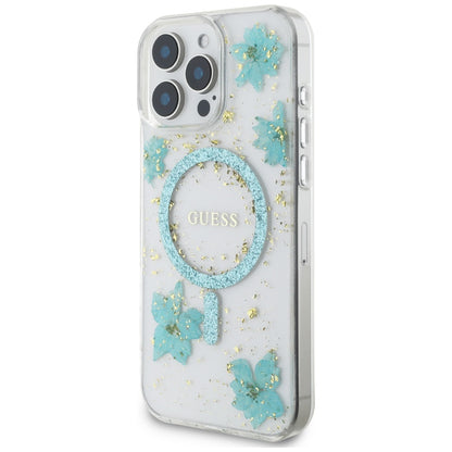 Capa MagSafe para Apple iPhone 16 Pro Max, Guess, Resin Flowers and Glitter, Turquesa