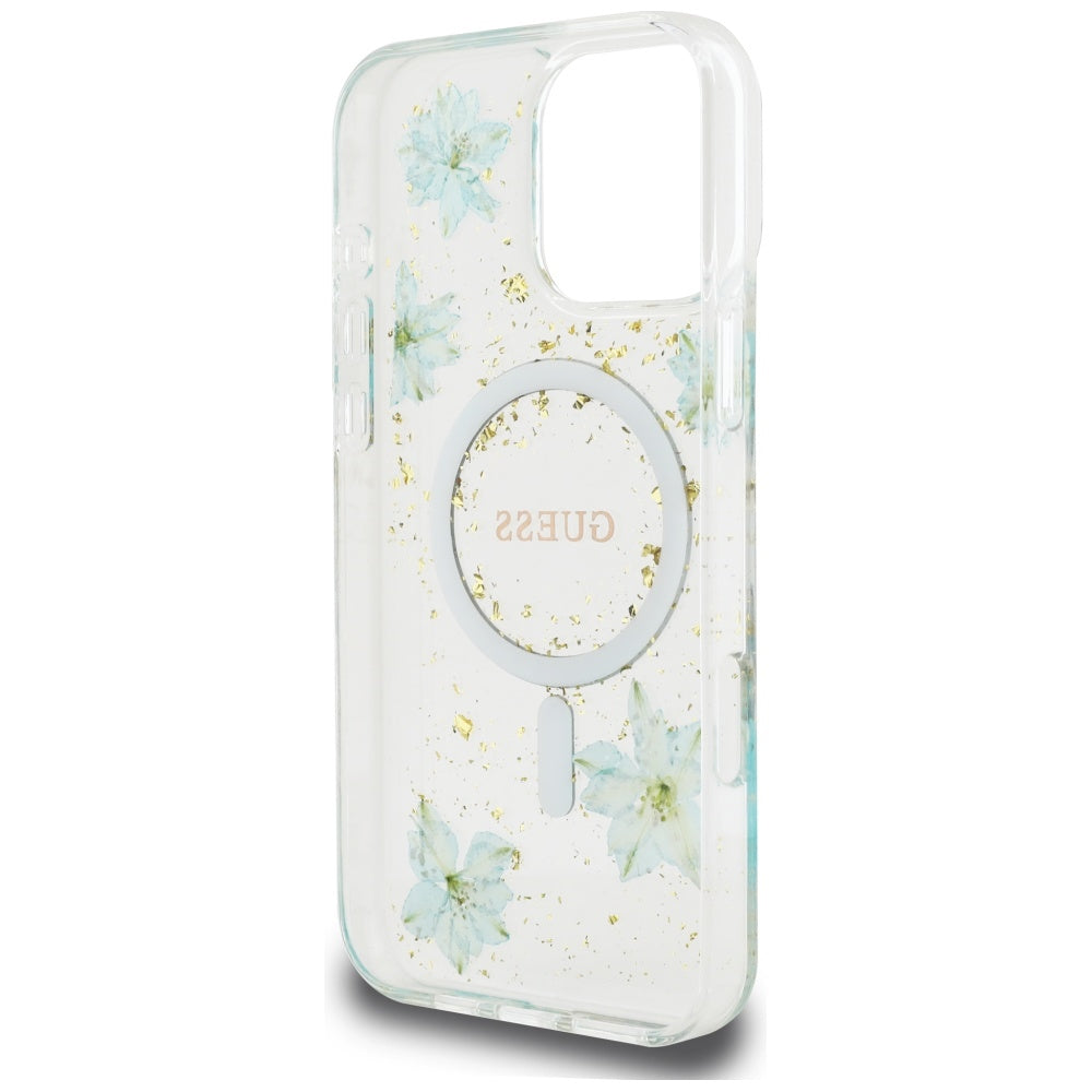 Capa MagSafe para Apple iPhone 16 Pro Max, Guess, Resin Flowers and Glitter, Turquesa