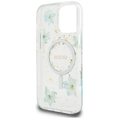 Capa MagSafe para Apple iPhone 16 Pro Max, Guess, Resin Flowers and Glitter, Turquesa