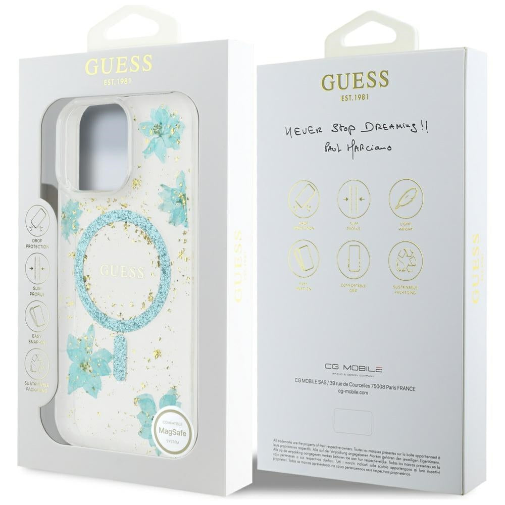 Capa MagSafe para Apple iPhone 16 Pro Max, Guess, Resin Flowers and Glitter, Turquesa