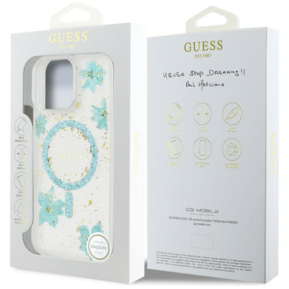 Capa MagSafe para Apple iPhone 16 Pro Max, Guess, Resin Flowers and Glitter, Turquesa