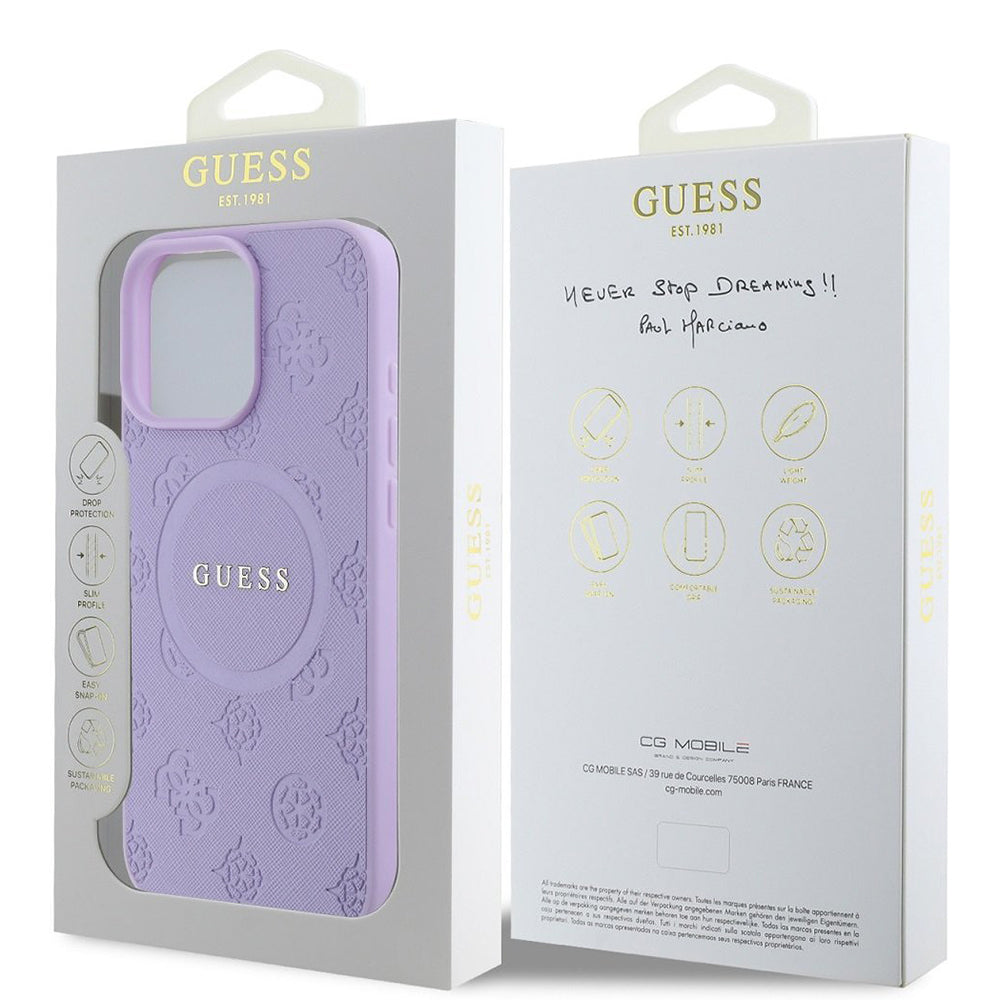 Capa MagSafe para Apple iPhone 16 Pro Max, Guess, Saffiano Peony Classic Logo, Roxo