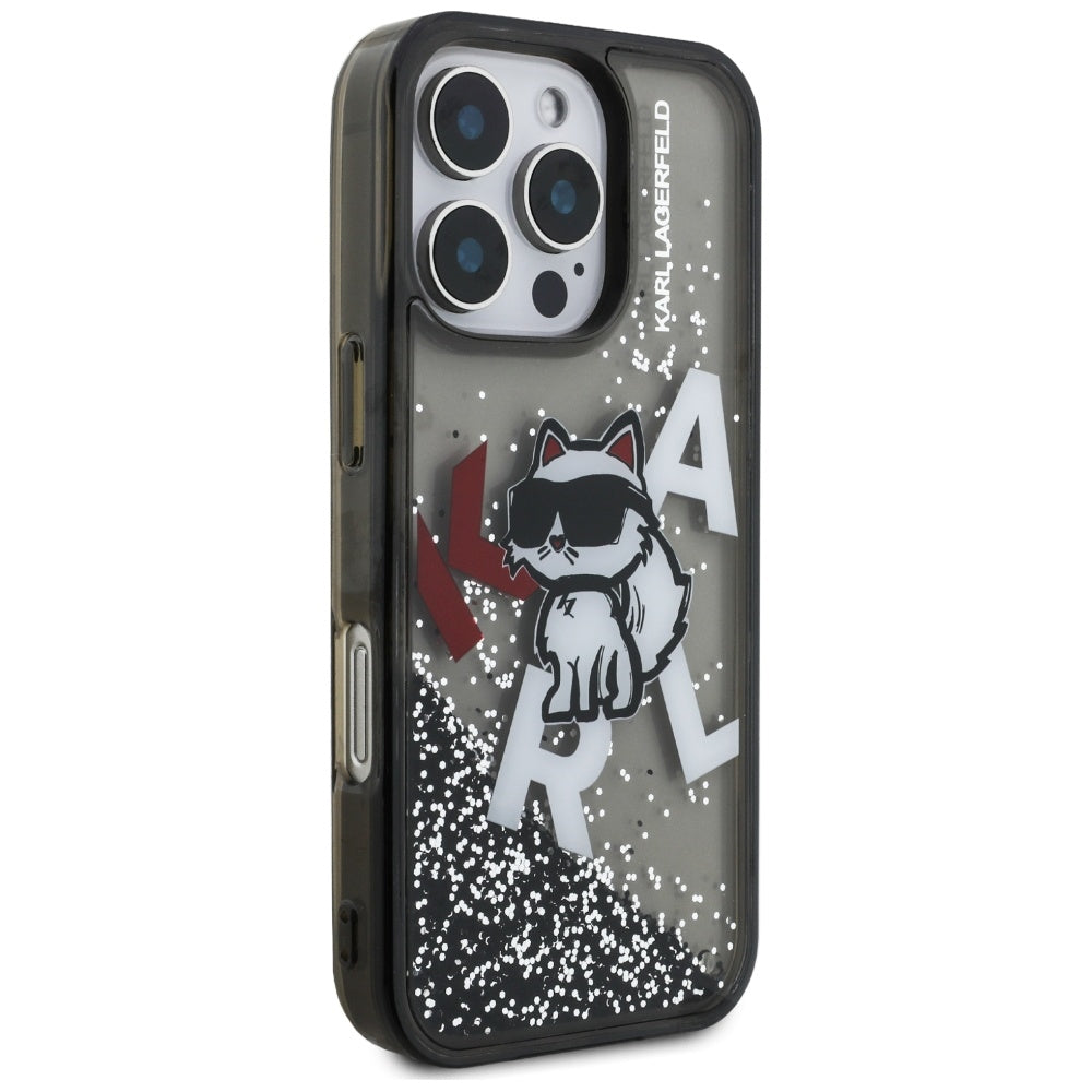 Capa MagSafe para Apple iPhone 16 Pro Max, Karl Lagerfeld, Liquid Glitter Choupette Logo, Preta