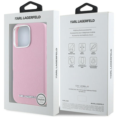 Capa MagSafe para Apple iPhone 16 Pro Max, Karl Lagerfeld, Saffiano Full Wrapped Elongated Metal Logo, Rosa