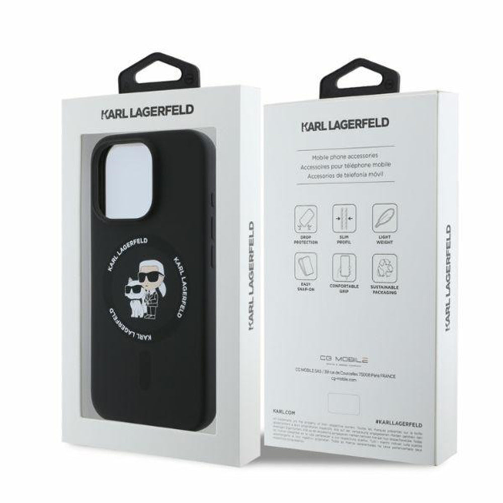 Capa MagSafe para Apple iPhone 16 Pro Max, Karl Lagerfeld, Anel de Silicone Karl & Choupette, Preta