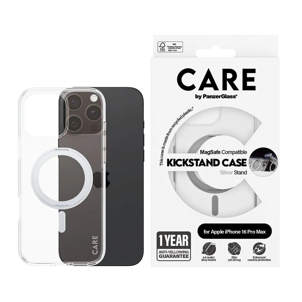 Capa MagSafe para Apple iPhone 16 Pro Max, PanzerGlass, com Suporte Kickstand, Transparente Prateada