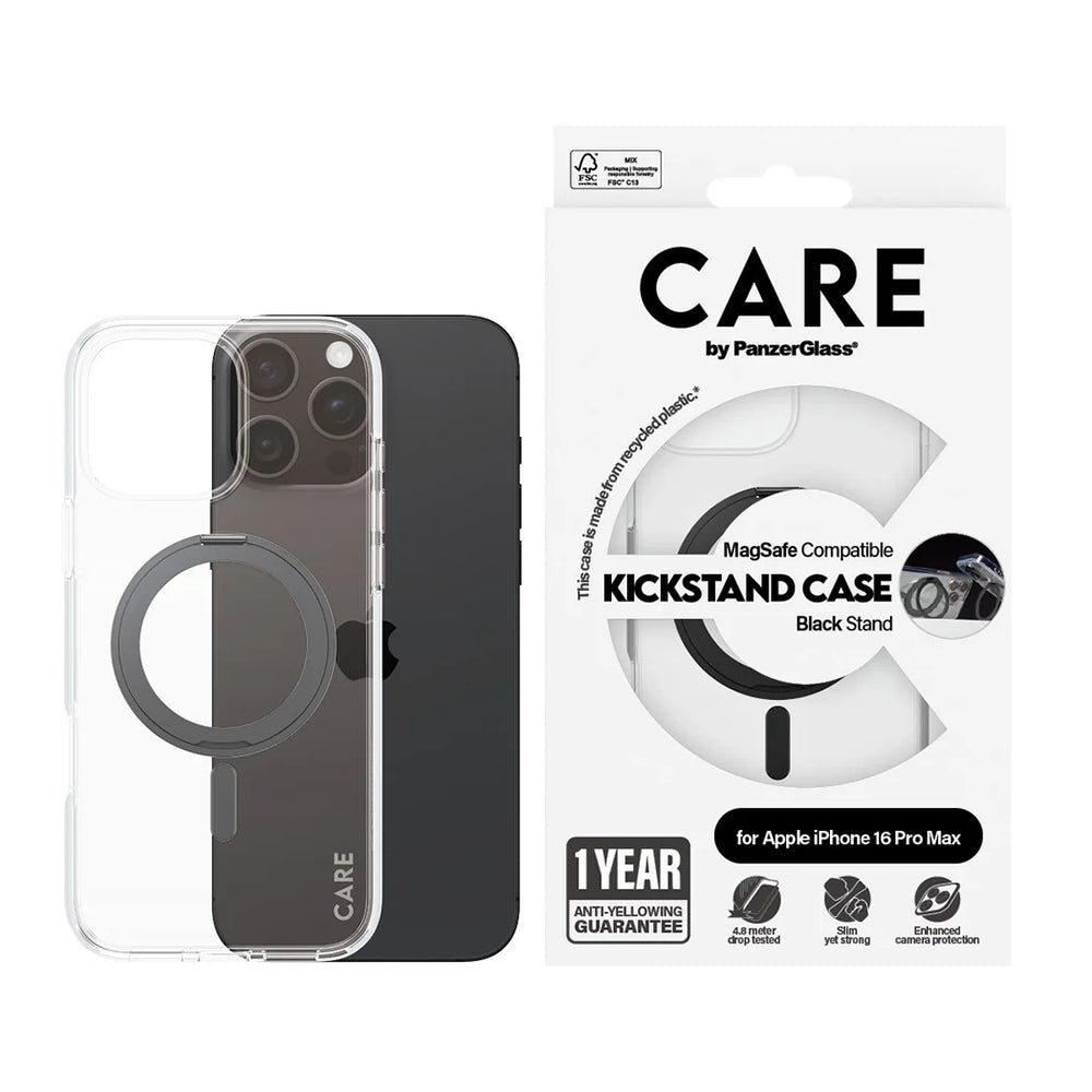 Capa MagSafe para Apple iPhone 16 Pro Max, PanzerGlass, com Suporte Kickstand, Transparente Preta