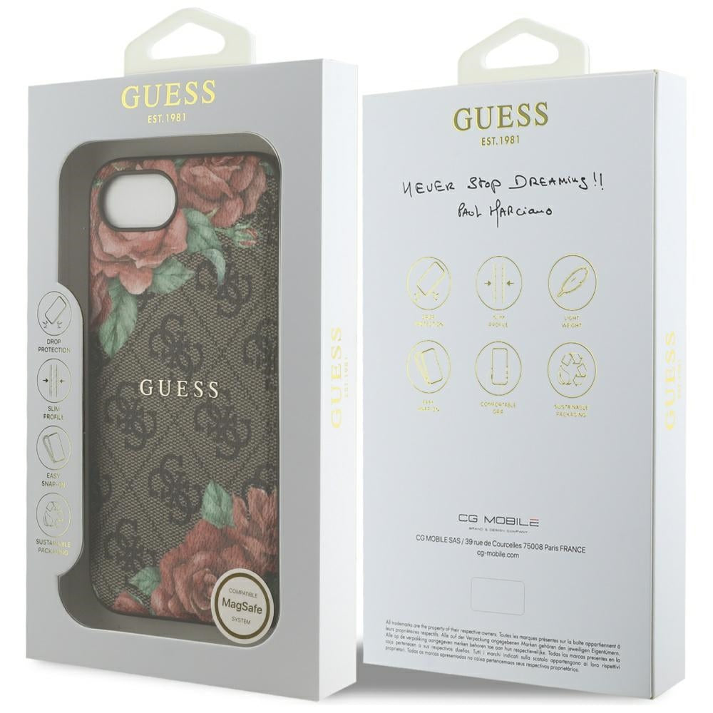 Capa MagSafe para Apple iPhone 16e, Guess, Estampa de Flores 4G, Marrom